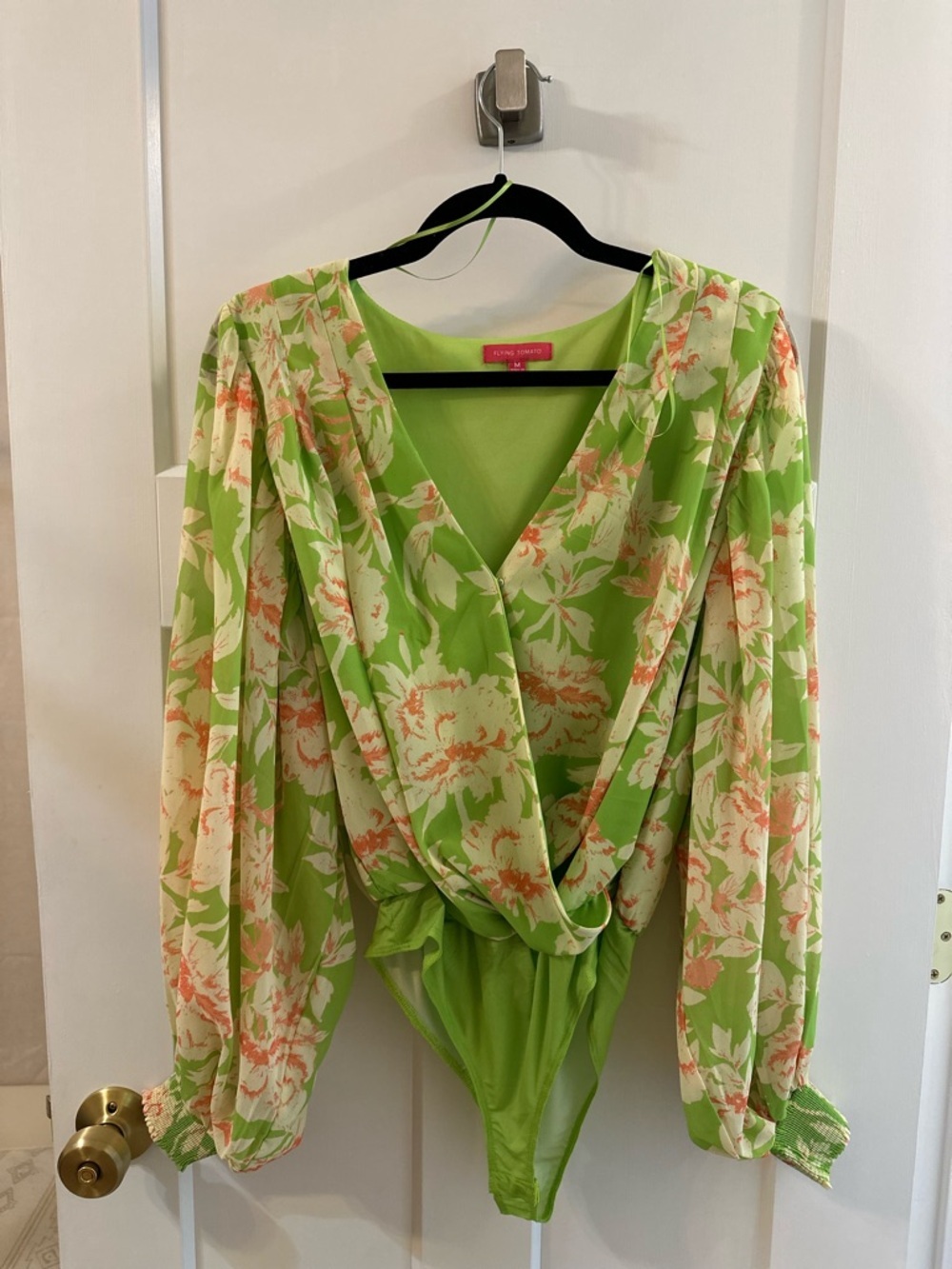 Flying Tomato Lime Green Floral Wrap-Front Bodysuit